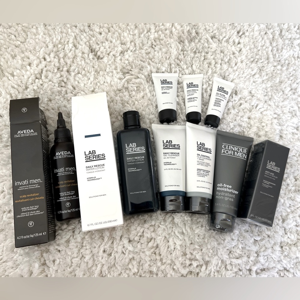 NEW 9 PIECE LAB SERIES+ CLINIQUE MENS SKINCARE AND AVEDA HAIR TREATMENT BUNDLE